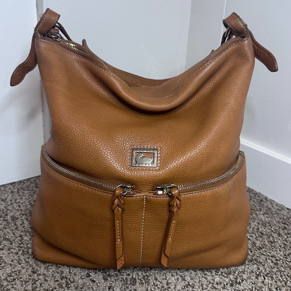 Dooney & Bourke Brown Pebbled Leather Hobo Bag Tan Camel Zip Pocket Shoulder Bag - Picture 5 of 16